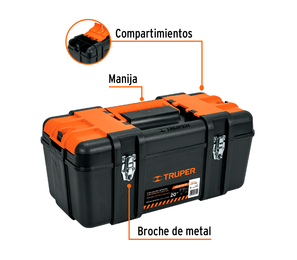 CAJA P/HERRAMIENTA 20 CON COMPARTIMENTOS, BROCHES METALICOS