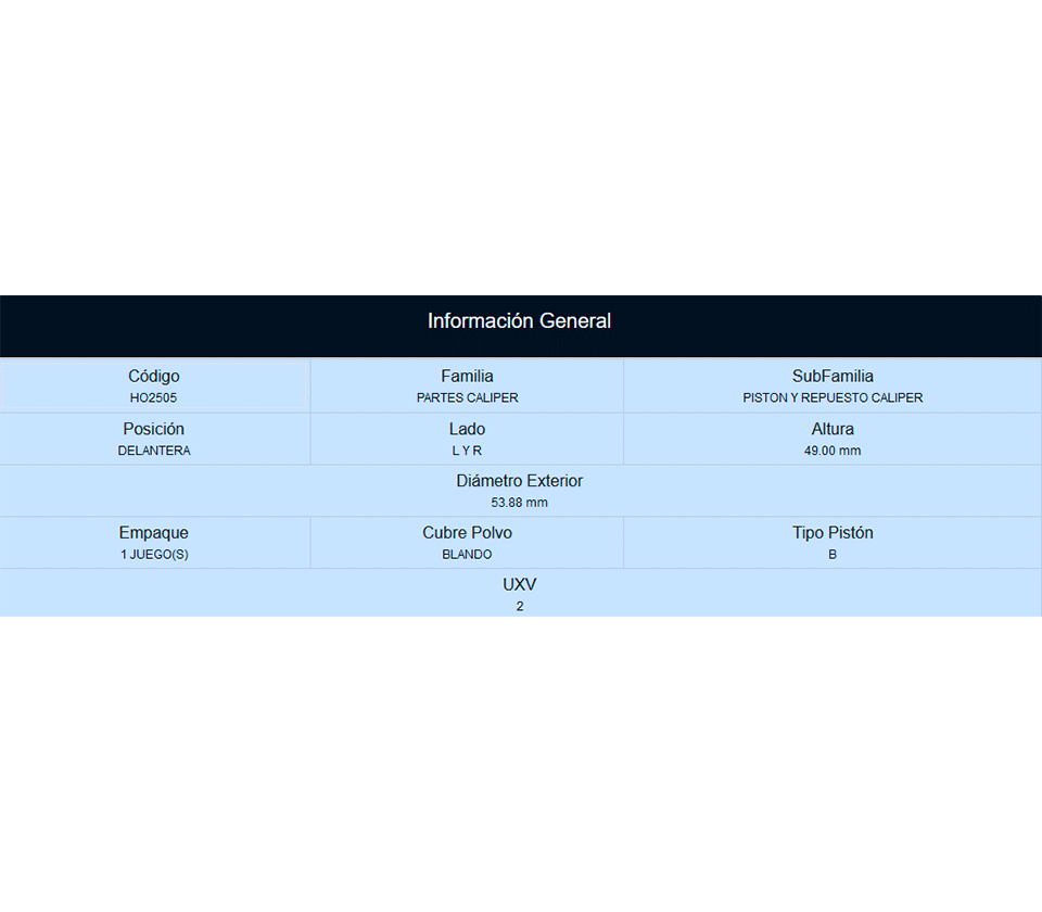 PISTON DE CALIPER DELANTERO CHEVROLET AVEO 1.6L 2007-2017, PONTIAC G3 2007-2009 (WD1035)