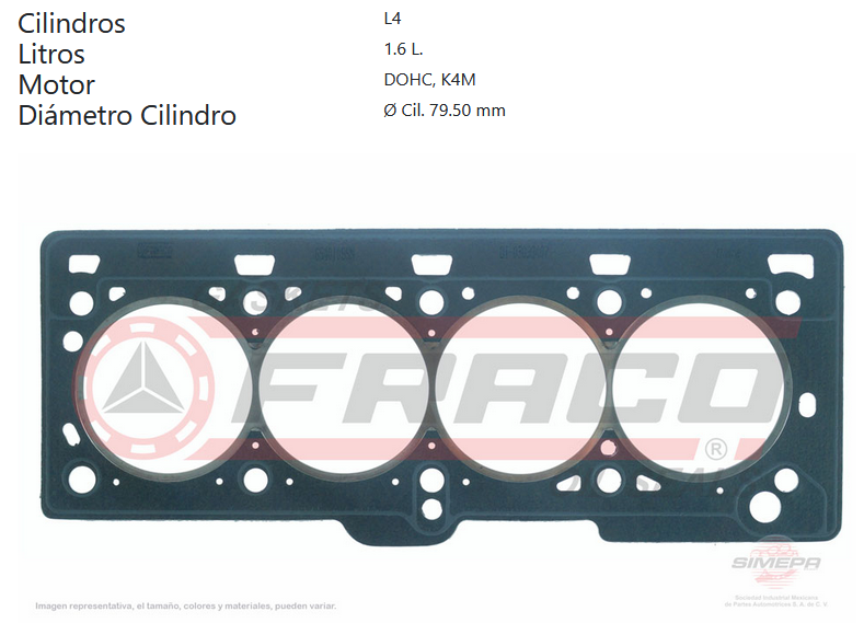 JUNTA PARA CABEZA CLIO-PLATINA 1.6L 02-010, APRIO 08-010, KANGOO 1.6L 04-011