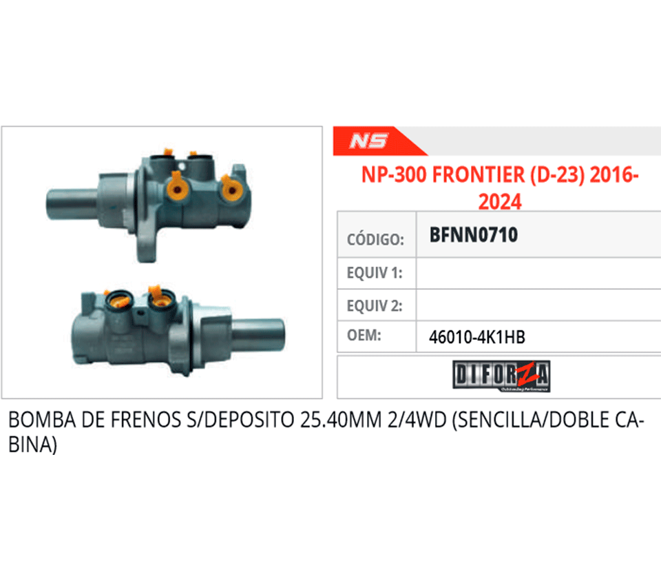BOMBA DE FRENO NISSAN NP300 FRONTIER 016-020, NP300 PICKUP 016-023 S/DEPOSITO (4X2 4X4 25.40mm)