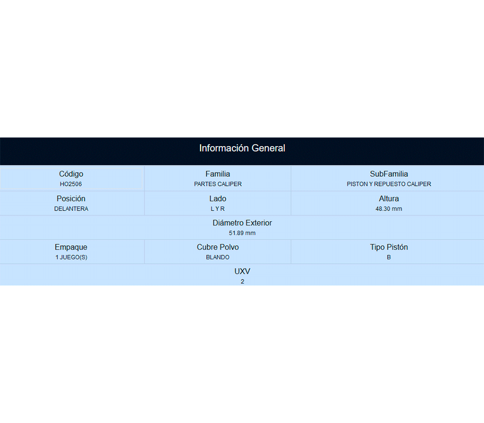 PISTON DE CALIPER DELANTERO CHEVROLET SPARK (CLASICO) 1.2L 011-017, BEAT 1.2L 018-021