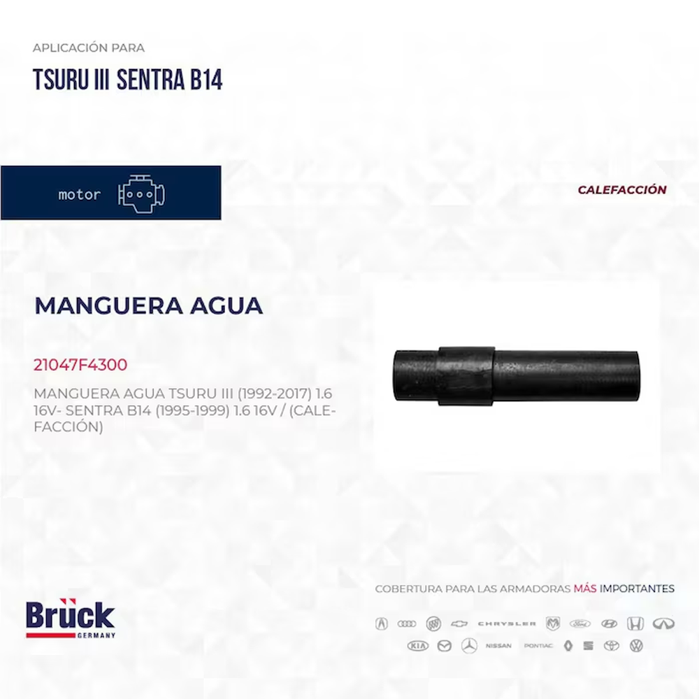 MANGUERA CALEFACCION NISSAN TSURU 1.6L L4 1992-2017, SENTRA 1.6L L4 95-99