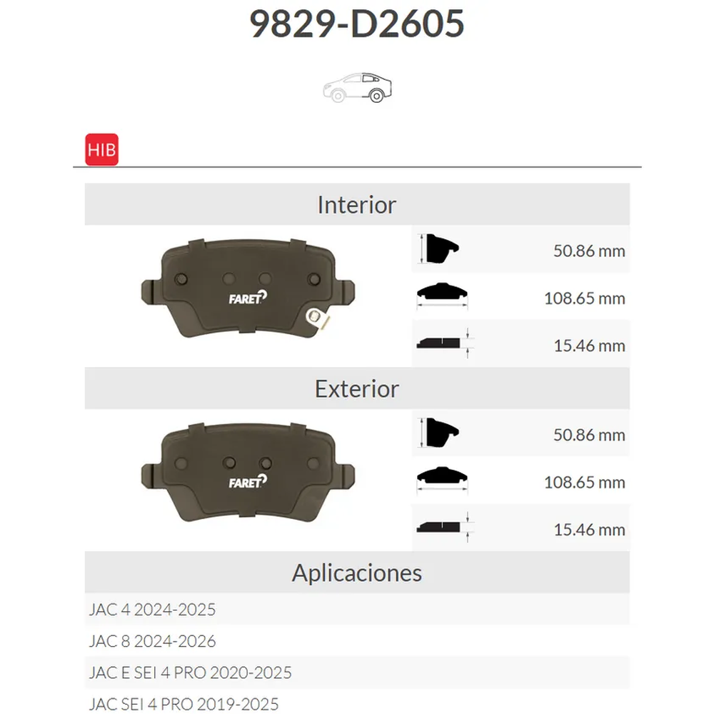 BALATAS TRASERAS JAC SEI 4 PRO 1.5L L4 2019-2025, E SEI 4 PRO 1.5L L4 2020-2025, JAC4 24/25 JAC8 24/26