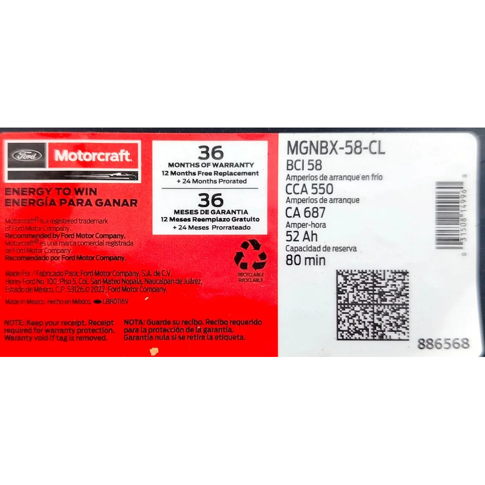 ACUMULADOR BCI 58, CCA 550 ARRANQUE EN FRIO, 687 AMP