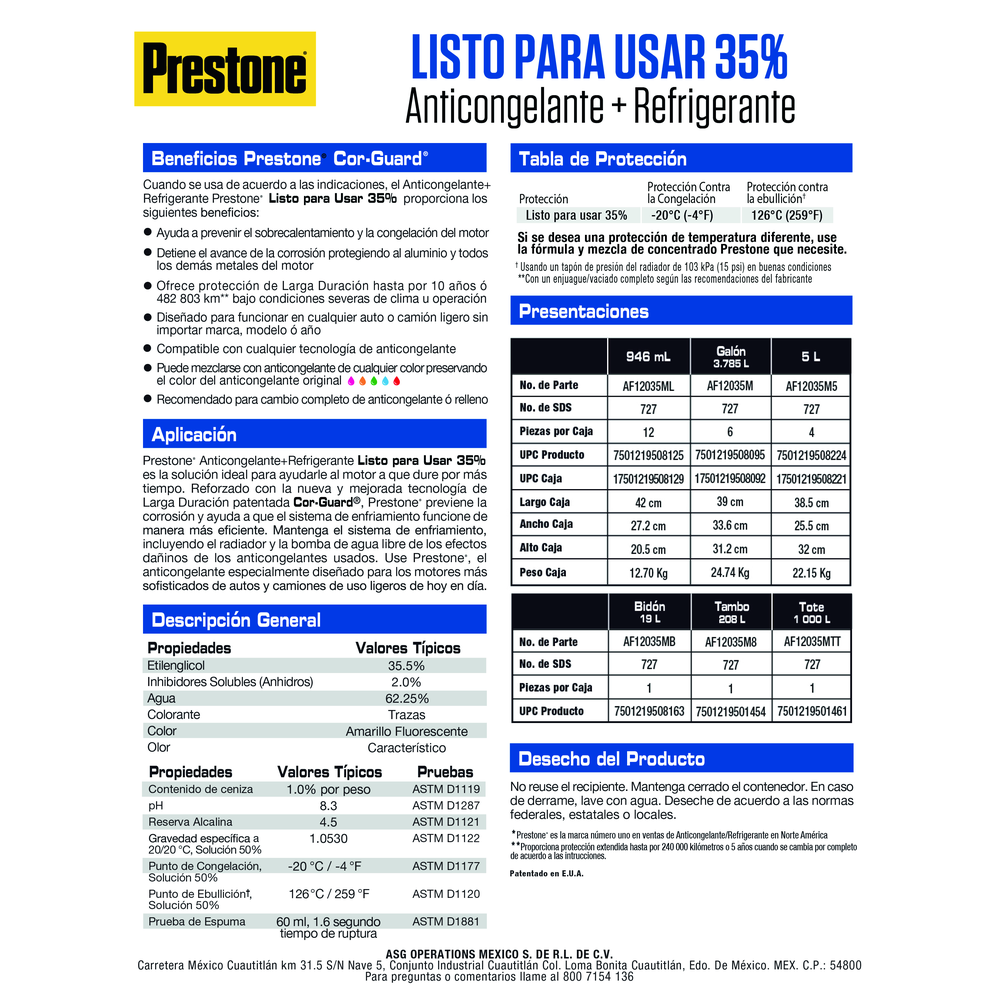 ANTICONGELANTE PRESTONE COR-GUARD LISTO PARA USAR 35%  3.785 L