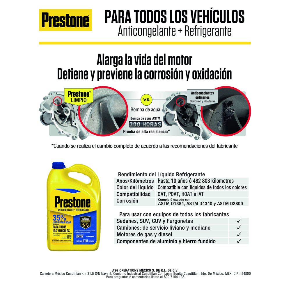 ANTICONGELANTE PRESTONE COR-GUARD LISTO PARA USAR 35%  3.785 L