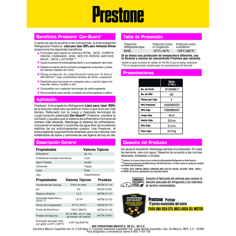 REFRIGERANTE PRESTONE AFC VEHICULOS CHINOS ROSA 50% GALON