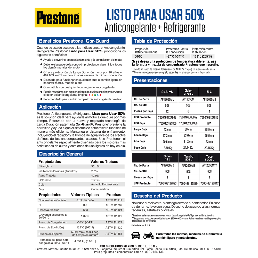 ANTICONGELANTE PRESTONE COR-GUARD LISTO PARA USAR 50%  3.785 L