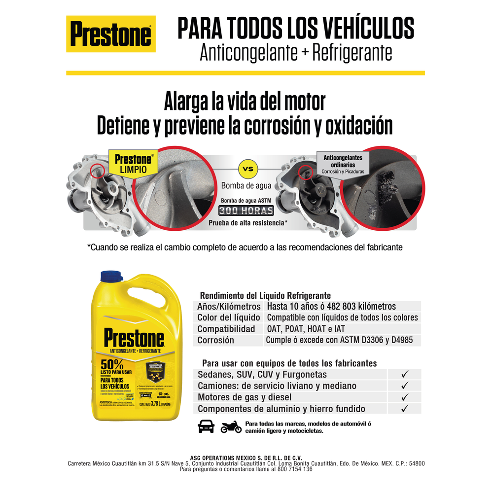 ANTICONGELANTE PRESTONE COR-GUARD LISTO PARA USAR 50%  3.785 L