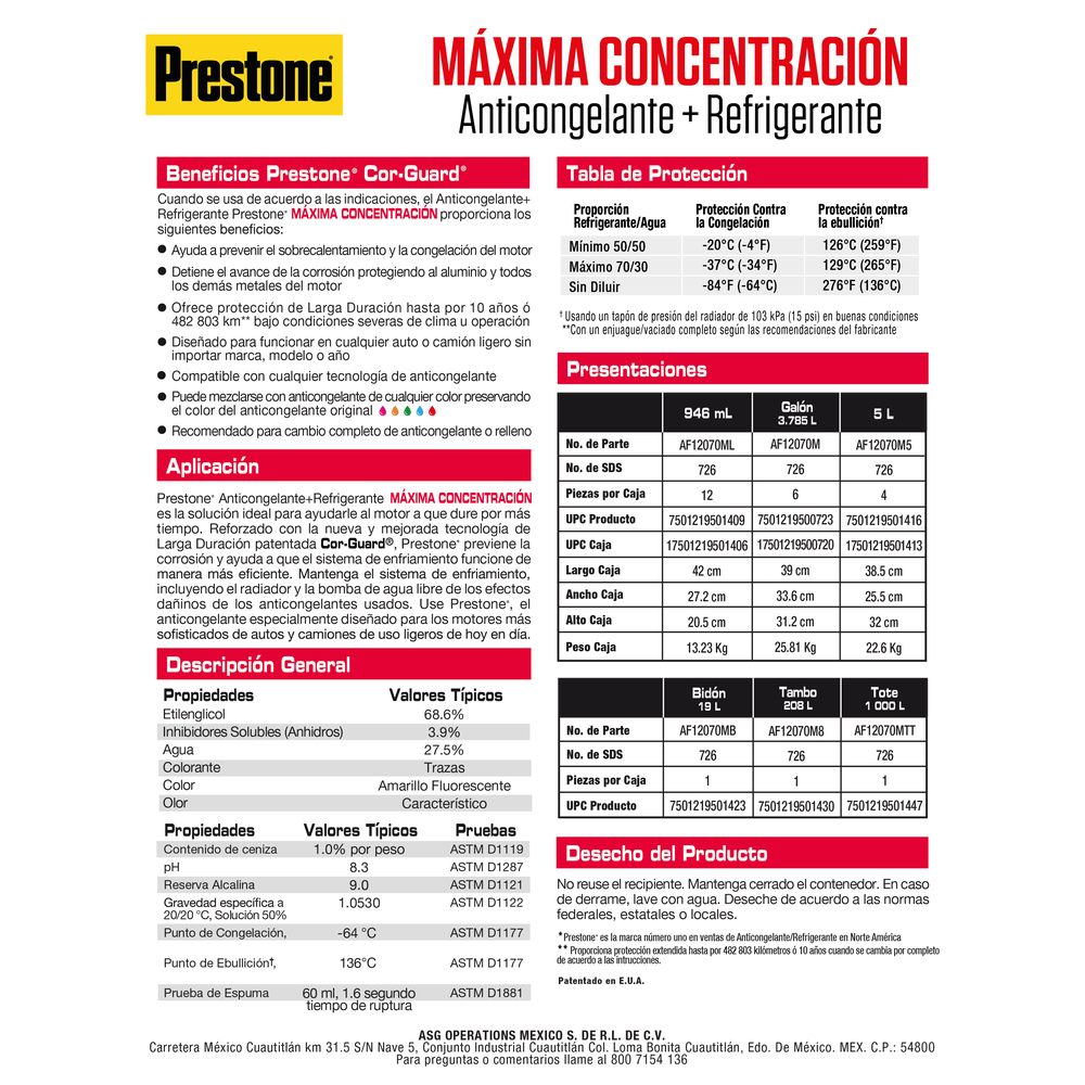 ANTICONGELANTE PRESTONE COR-GUARD CONCENTRADO 70% 3.785 L