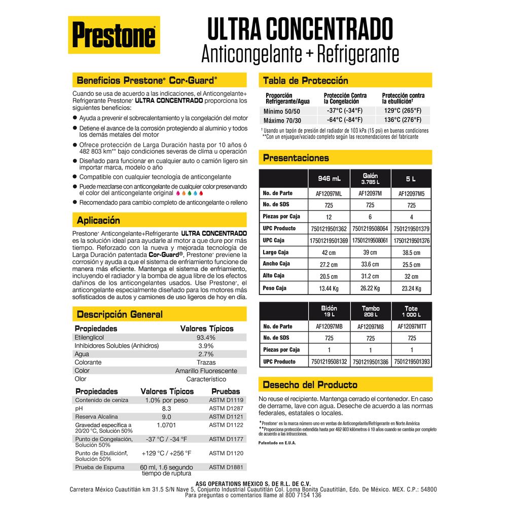 ANTICONGELANTE PRESTONE COR-GUARD MAX CONCENTRADO 97% 3.785 L