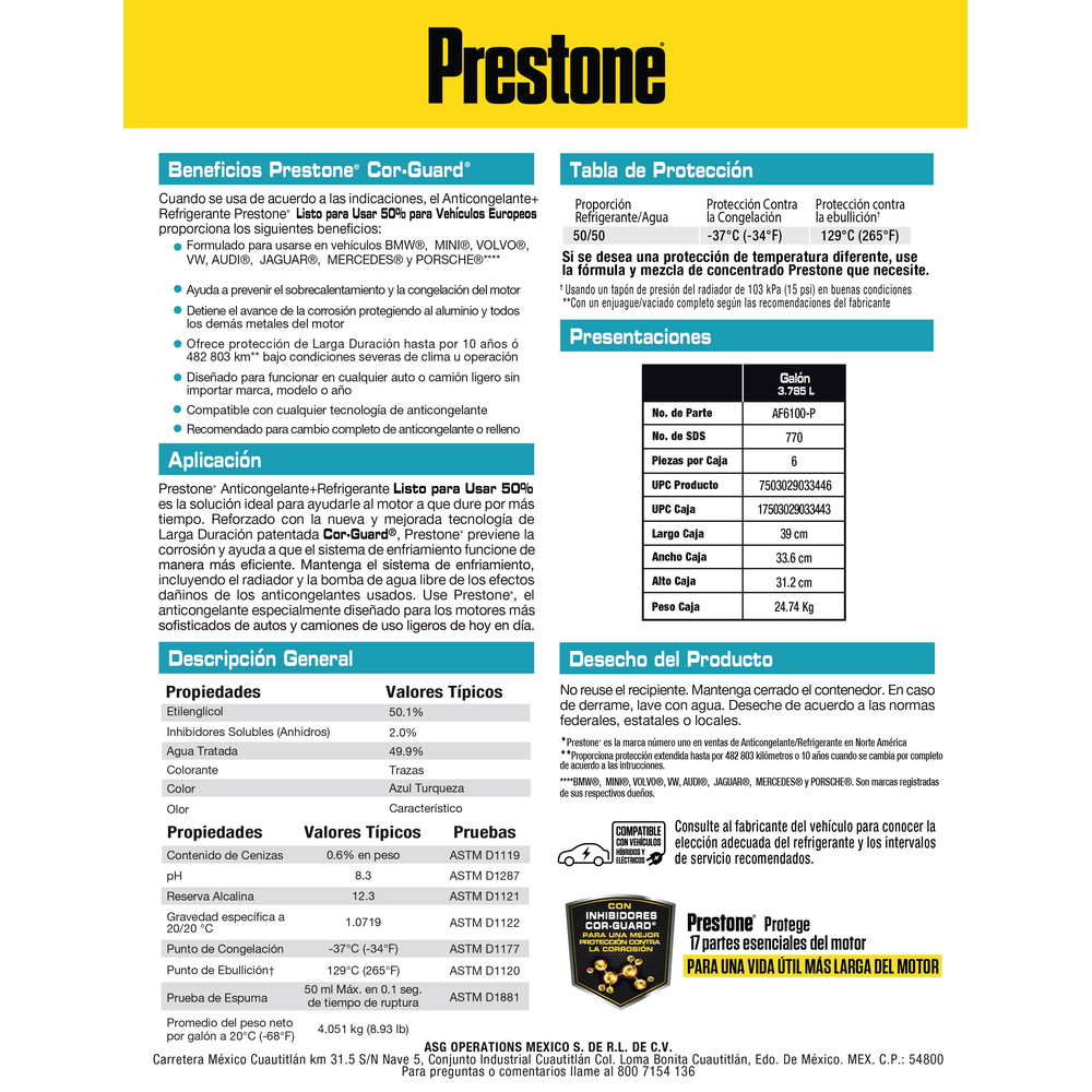 ANTICONGELANTE PRESTONE AFC AZUL  50% 3.785L EUROPEOS 6X1GA