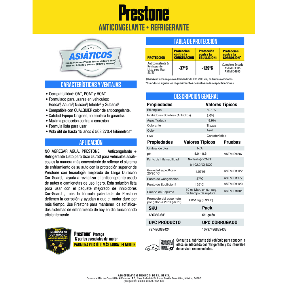 ANTICONGELANTE PRESTONE AZUL VEHICULOS ASIATICOS LISTO PARA USAR 50% 3.785