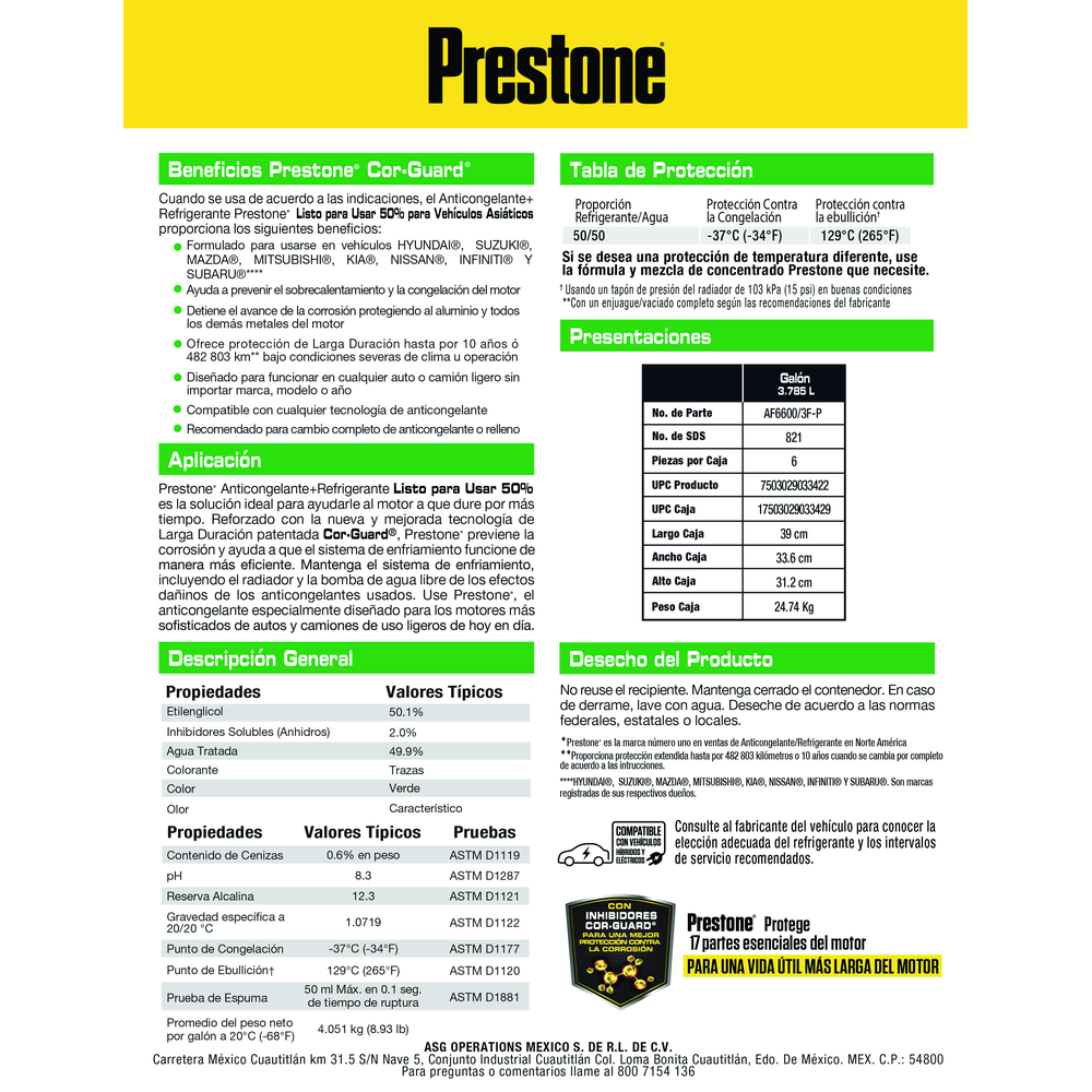 ANTICONGELANTE PRESTONE VERDE ASIATICOS LISTO PARA USAR 50% 3.785L