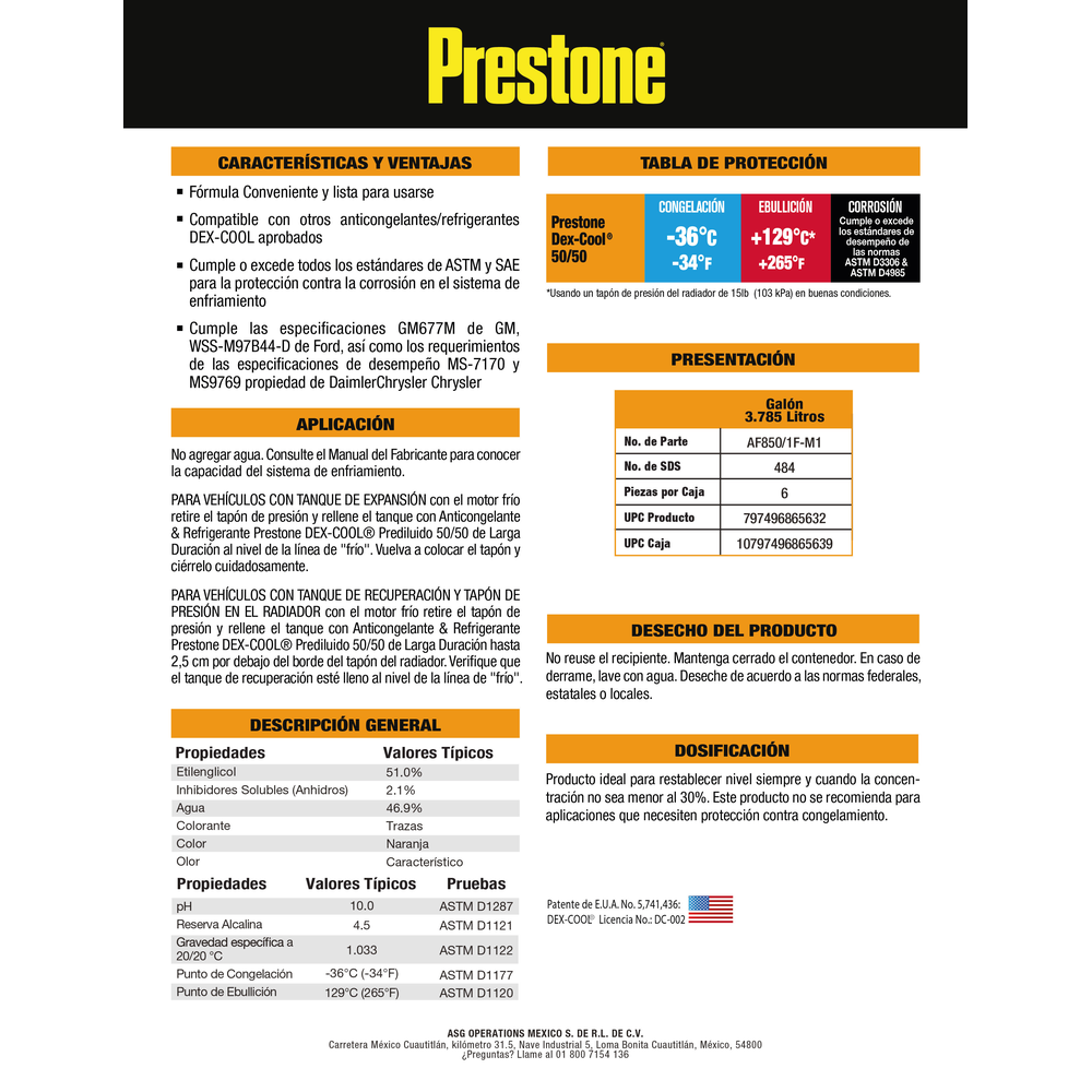 ANTICONGELANTE PRESTONE DEX COOL LISTO PARA USAR 50% 3.785 L