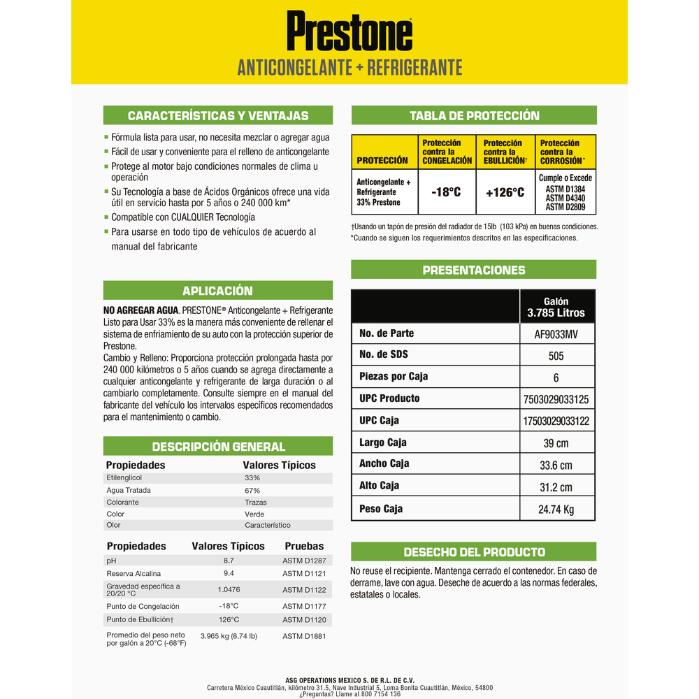 ANTICONGELANTE PRESTONE VERDE LISTO PARA USAR 33% 3.785 L