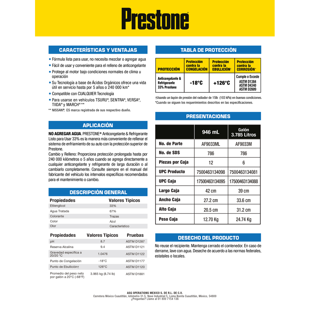 ANTICONGELANTE PRESTONE AZUL NISSAN LISTO PARA USAR 33% 3.785 L
