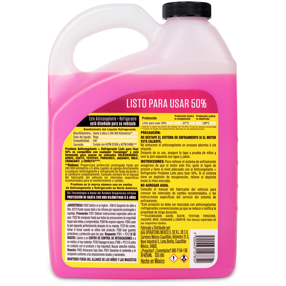 ANTICONGELANTE PRESTONE ROSA LISTO PARA USAR 50% 946 ML