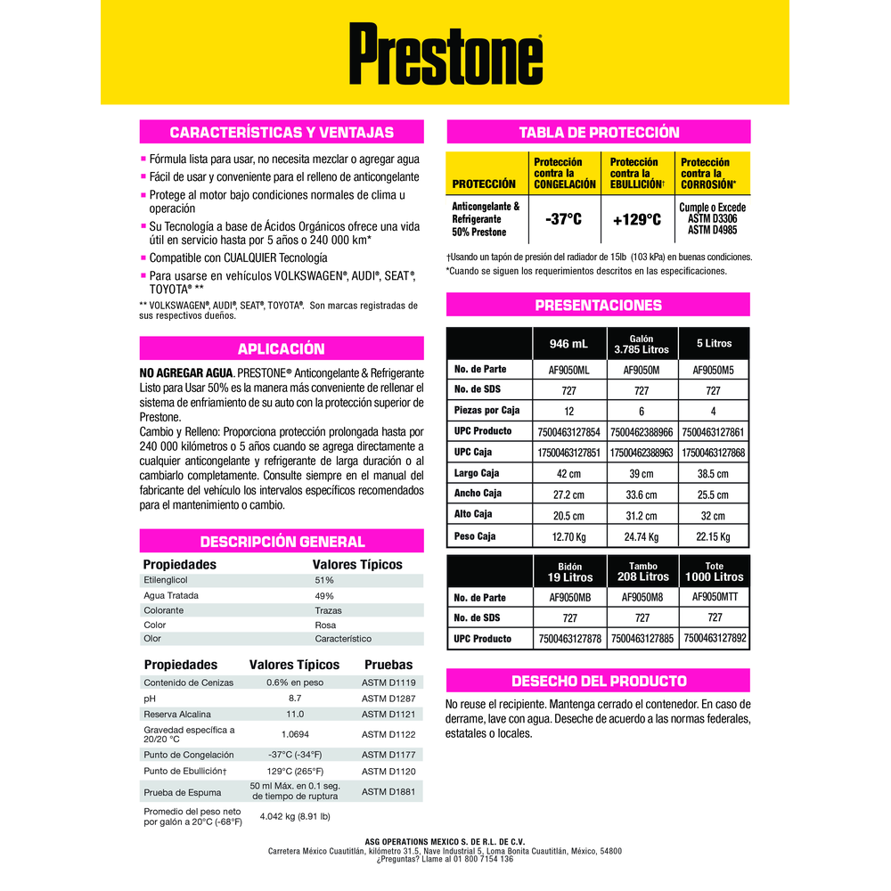 ANTICONGELANTE PRESTONE ROSA LISTO PARA USAR 50% 3.785 L