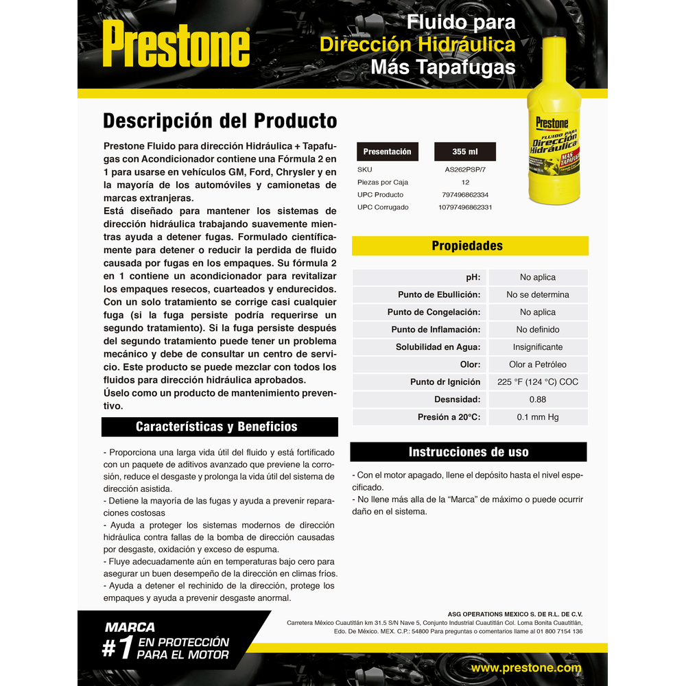 PRESTONE FLUIDO PARA DIRECCION HIDRAULICA + TAPA FUGAS 355 ML