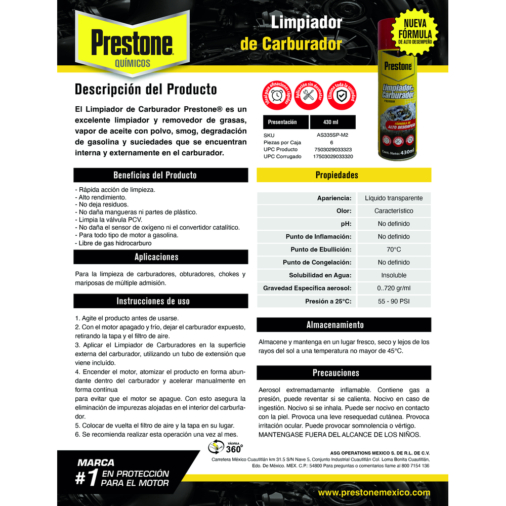 PRESTONE LIMPIADOR DE CARBURADOR 430 ML