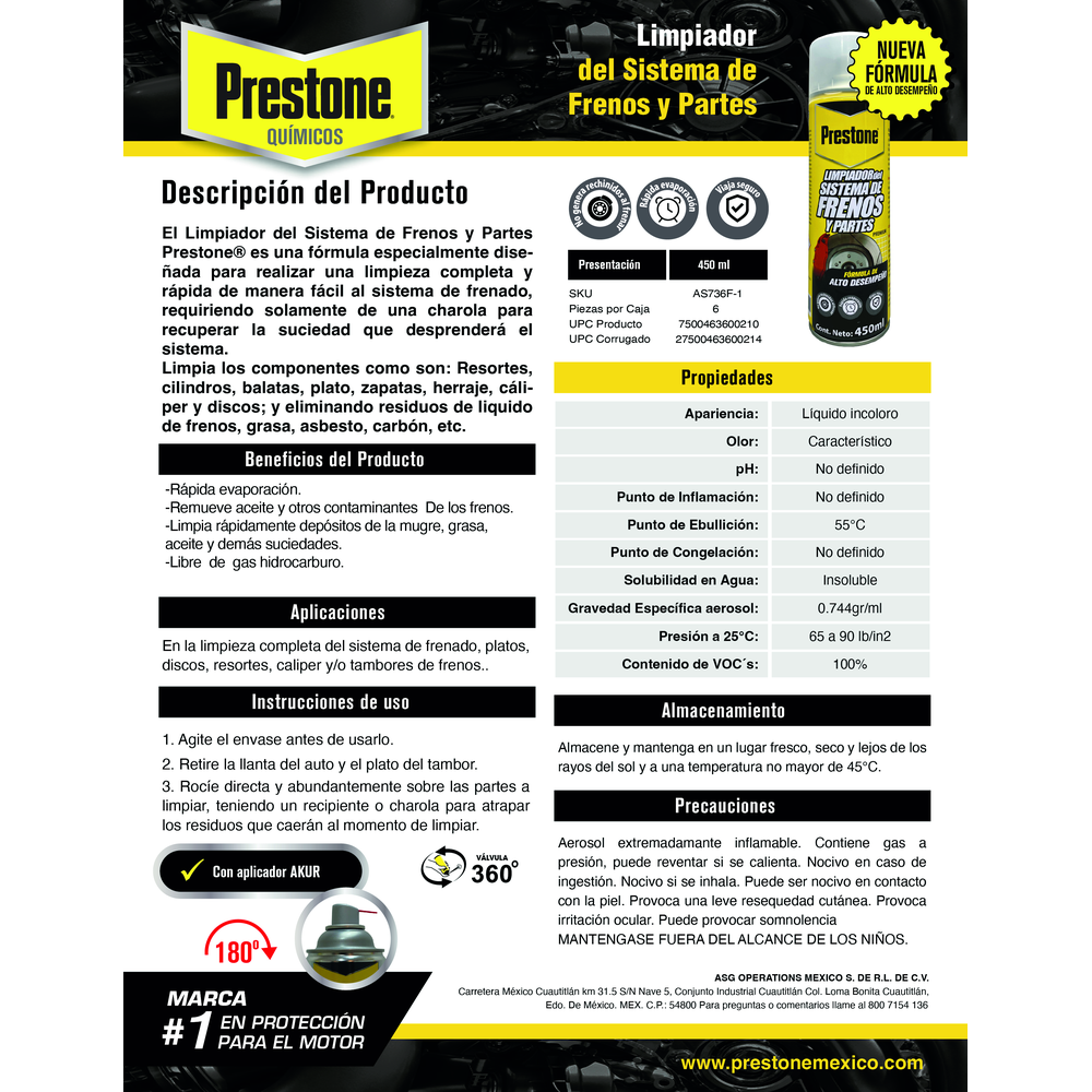 PRESTONE LIMPIADOR DE FRENOS Y PARTES 450 ML