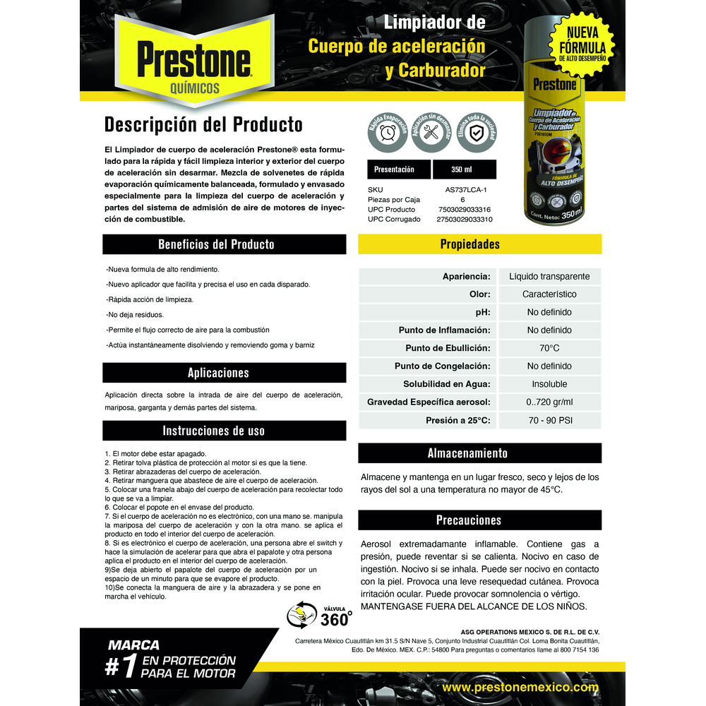 PRESTONE LIMPIADOR DE CUERPO DE ACELERACION 350 ML