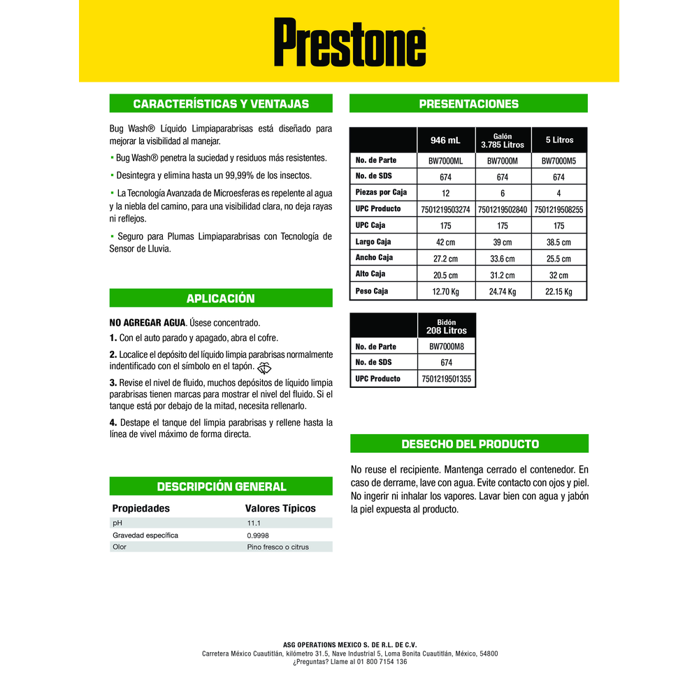 PRESTONE BUG WASH LIQUIDO LIMPIAPARABRISAS 3.785 L