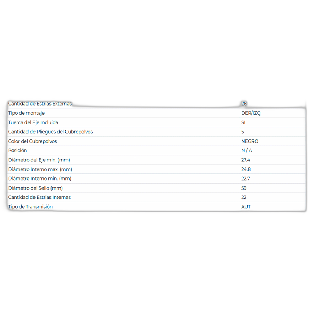 JUNTA LADO RUEDA IZQ-DER MAZDA CX-3 2.0L 2016-2020 (T/AUT) (28EXT-22INT)