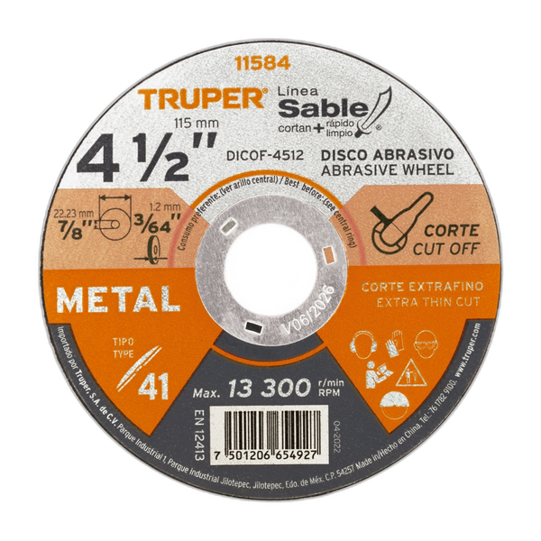 DISCO TIPO 41 DE 4-1/2 X 1.2 MM CORTE FINO DE METAL, SABLE