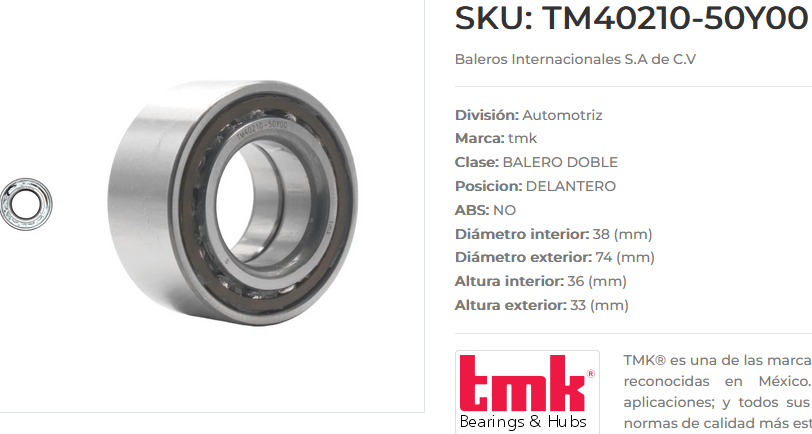 BALERO DOBLE RUEDA DELANTERA TSURU III 92-017, TSUBAME 93-04, SENTRA 95-00, LUCINO 96-00