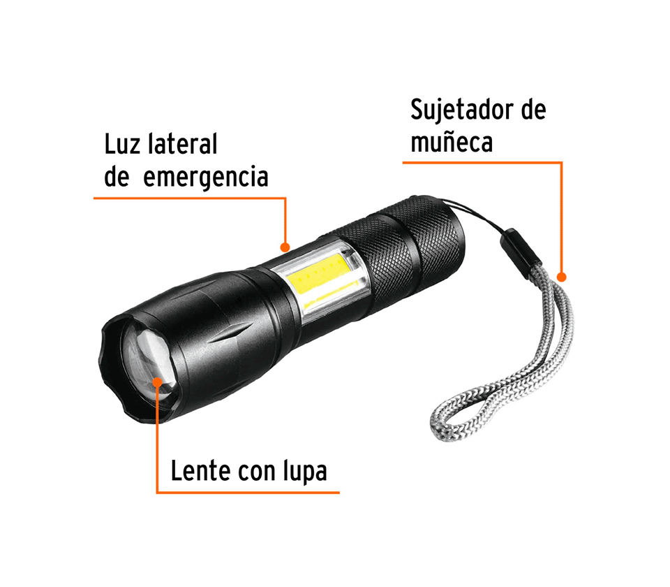 LINTERNA LED RECARGABLE DE ALUMINIO C/LUZ LATERAL, 270 LM