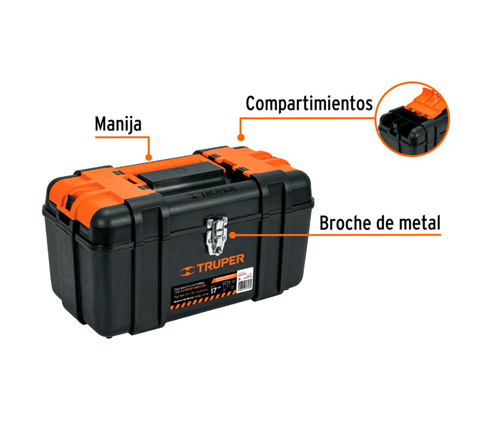 CAJA P/HERRAMIENTA 17 CON COMPARTIMENTOS, BROCHES METÁLICOS