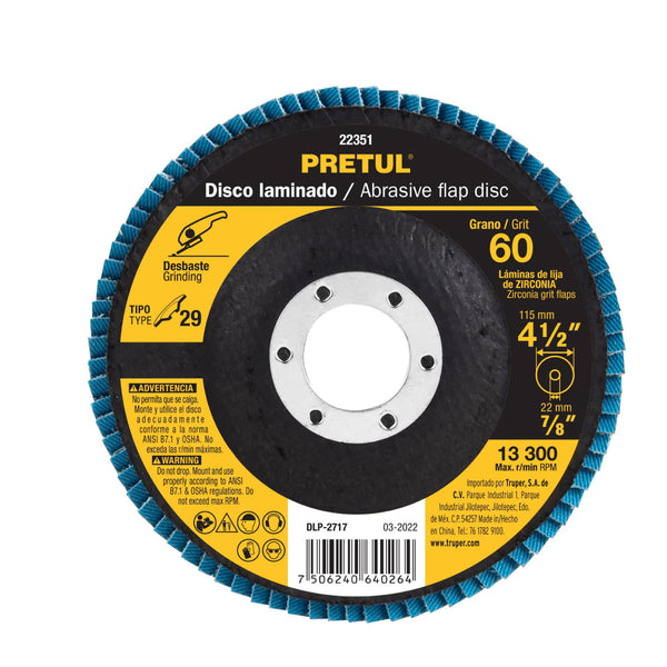 DISCO LAMINADO 4-1/2´´ GRANO 60 CENTRO 7/8´´ FIBRA PRETUL