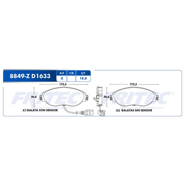 BALATA DELANTERA TIGUAN 018-022, TARRACO 019-022, JETTA GLI 2.0L 019-021 C/SENSOR (P/DISCO 340mm)